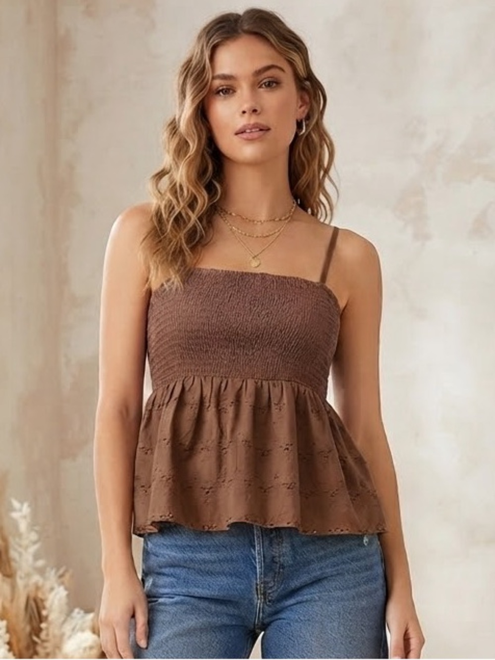 Indulge Instyle Smocked Eyelet Peplum Cami